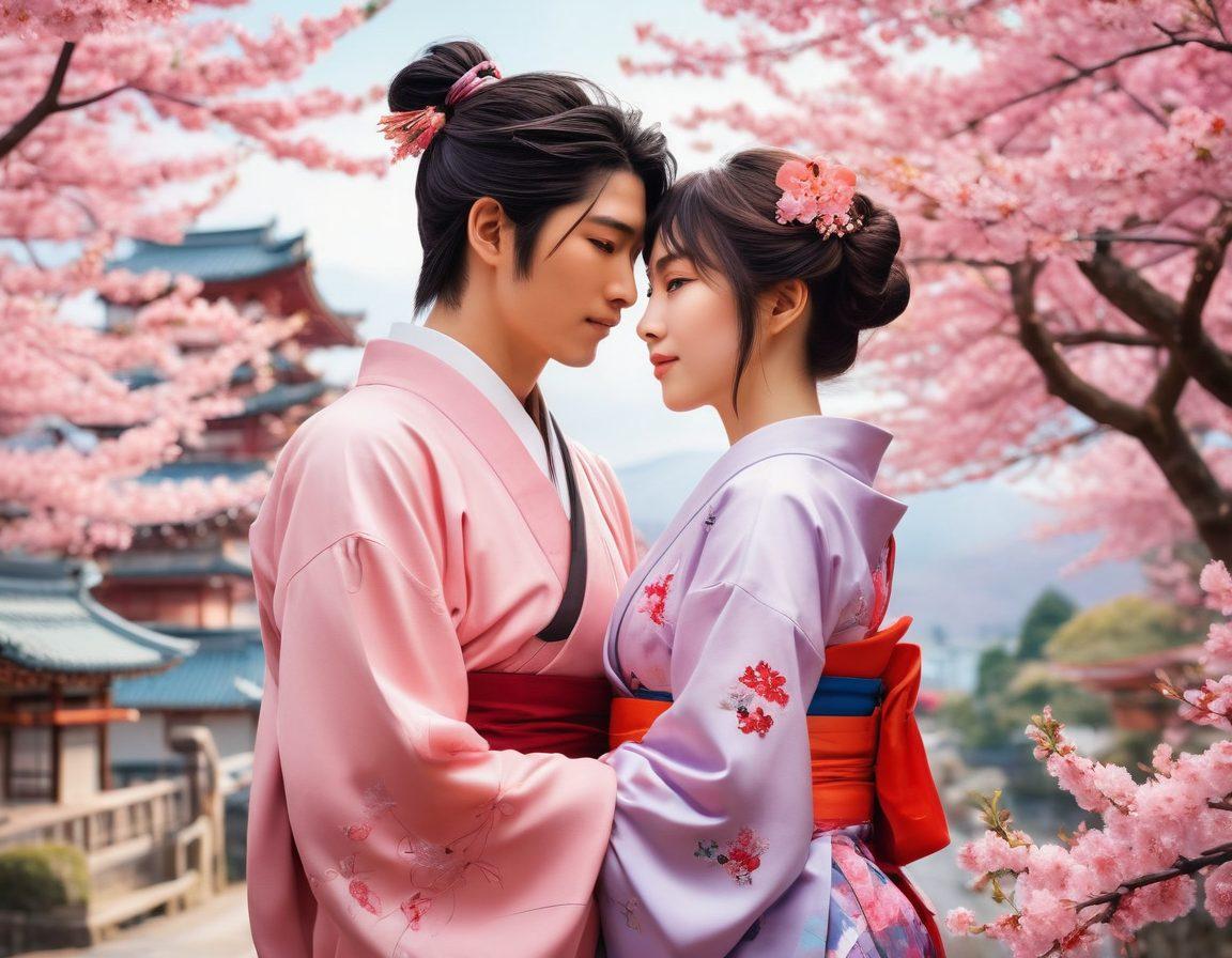 A vibrant collage illustrating key elements of Japanese anime culture, including iconic characters with expressive faces, traditional Japanese settings with cherry blossoms, a visually striking blend of sensuality and storytelling, intricate details of anime art style, and hints of romance through soft pastel colors. super-realistic. vibrant colors. dynamic composition.