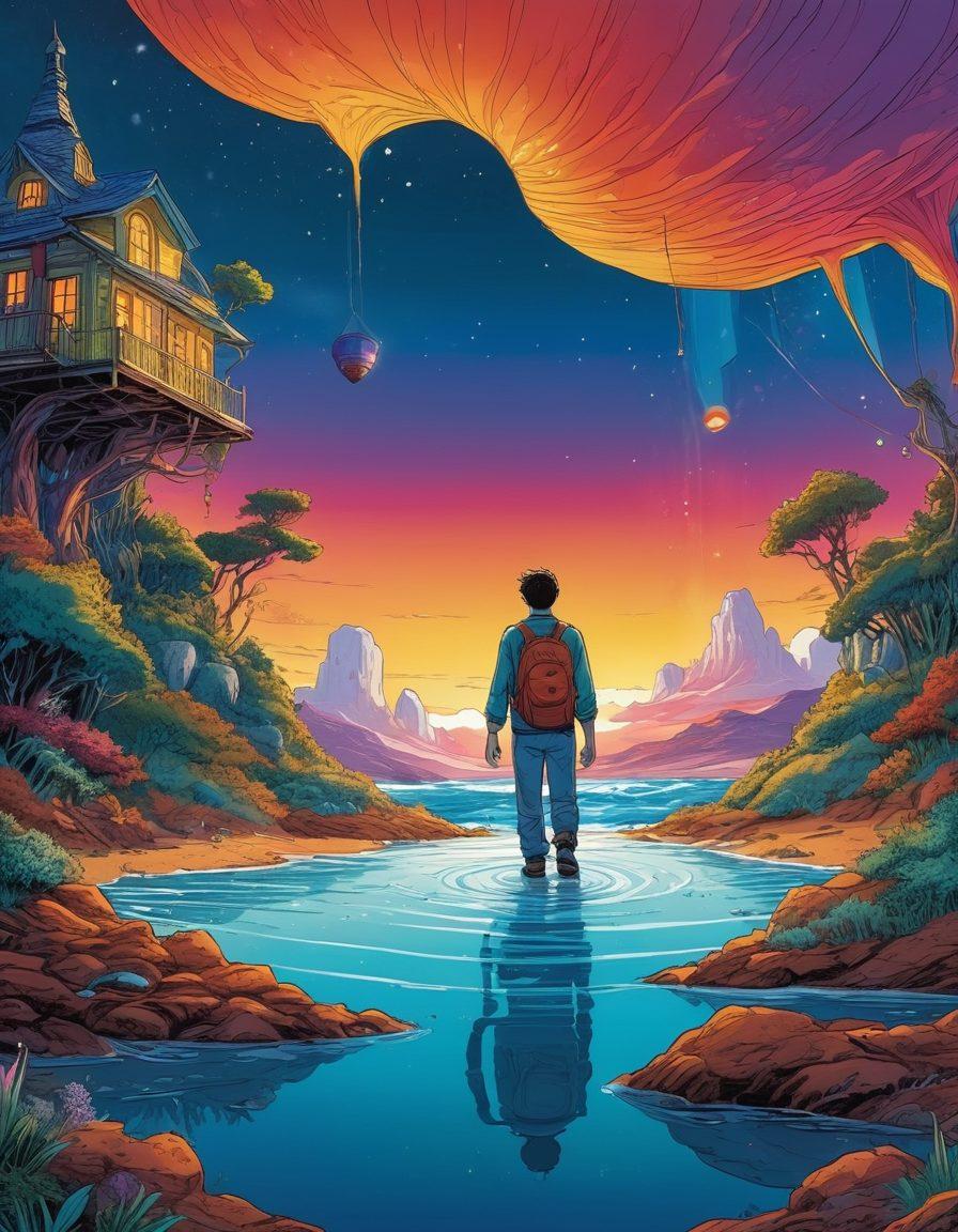 An adventurous couple exploring a vibrant world filled with surreal landscapes and imaginative creatures, as if they stepped out of a graphic novel. The scene is rich in color, depicting a blend of passion and excitement, with intricate comic-style illustrations and bold outlines. Inclusion of whimsical elements such as floating books and ethereal lights that enhance the erotic theme. The setting should be both playful and enticing, inviting readers into this illustrated adventure. super-realistic. vibrant colors. comic art style.