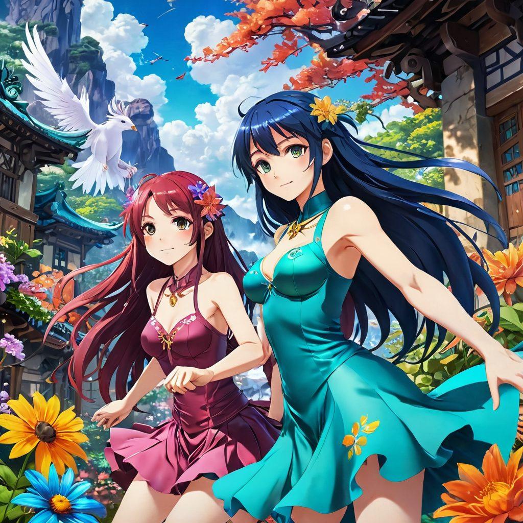 A captivating scene from an erotic anime, featuring vibrant and dynamic characters engaging in a colorful, imaginative setting. The background should be a beautifully illustrated fantasy world, filled with swirling colors and intricate details that evoke a sense of adventure. Emphasize the expressions of excitement and passion in the characters' faces, with playful interactions that highlight the animated style. Add elements like blooming flowers and magical creatures to enrich the atmosphere. super-realistic. vibrant colors. fantasy art.